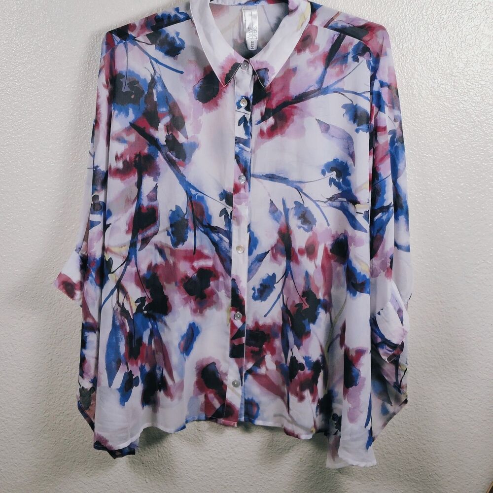 Wynne Layers 3X Watercolor Floral Sheer Button-Up Blouse Plus Size Flowing Top